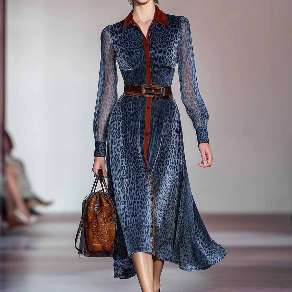 Long Sleeve Leopard Print Belt Dress Leopard - Shop at LoveMi