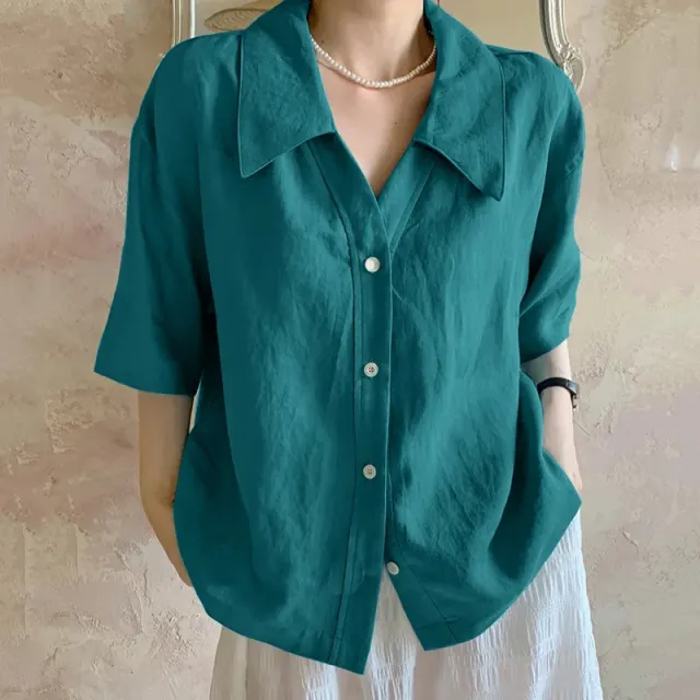 New Retro Loose Solid Color Short Sleeve Shirt Peacock Green - Shop at LoveMi