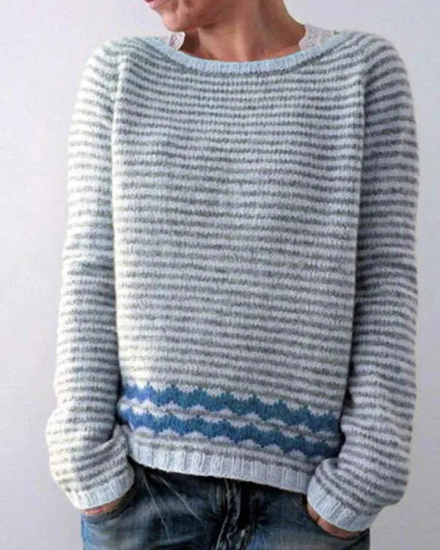 Women's Fashion Round Neck Multicolor Loose Leisure Pullover Knitwear Sweater Stripes - Shop at LoveMi