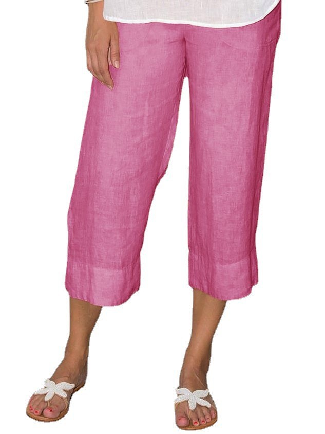Solid Color Cotton And Linen Women's Simple Loose Casual Cropped Pants Rose Red - Shop at LoveMi