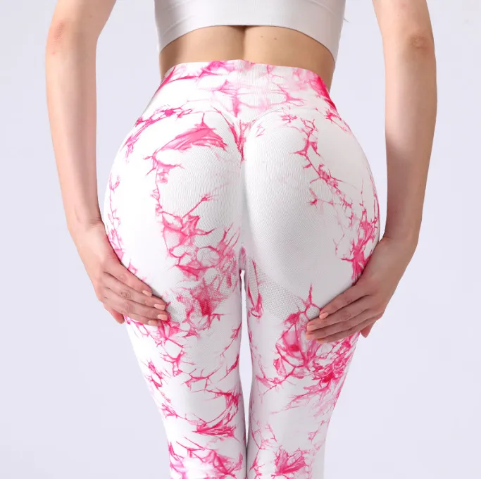 Women's Fashion Temperament Tie-dye High Waist Hip Lift Yoga Pants - Red White