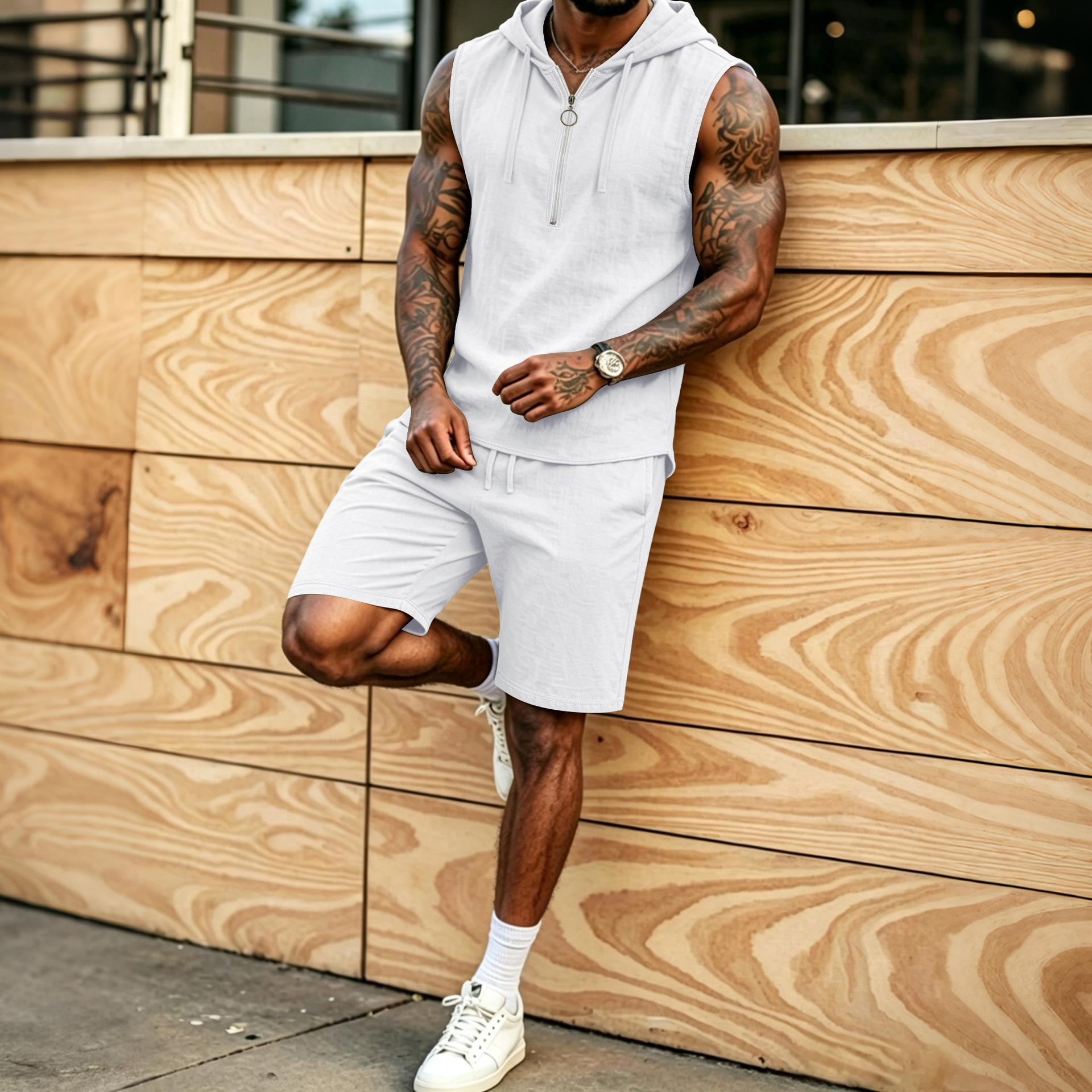 Mens Summer Loose Casual Hooded ZipUp Sleeveless Set 6