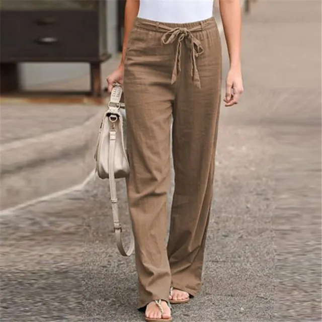 European And American Cotton And Linen Casual Wide leg Pure Color Elastic Waist Lace up Loose Women's Trousers Khaki - Shop at LoveMi