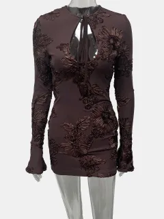 Long-sleeved Strapped Bodycon Party Dress - Brown - View 1
