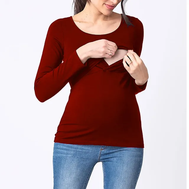 Long Sleeve Scoop Four Seasons Bottoming Breastfeeding T shirt Wine - Shop at LoveMi