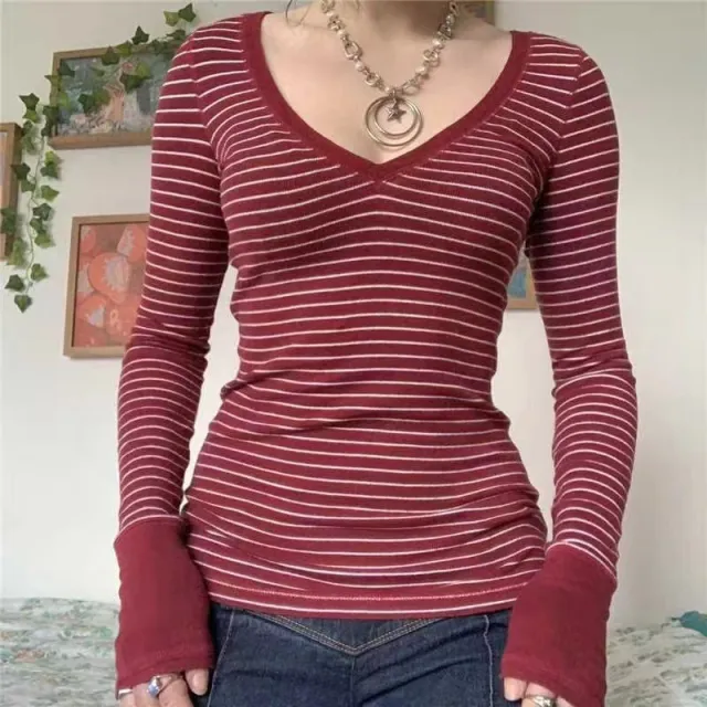Women's Striped Long Sleeve Bottoming Top V neck Stripes S - Shop at LoveMi
