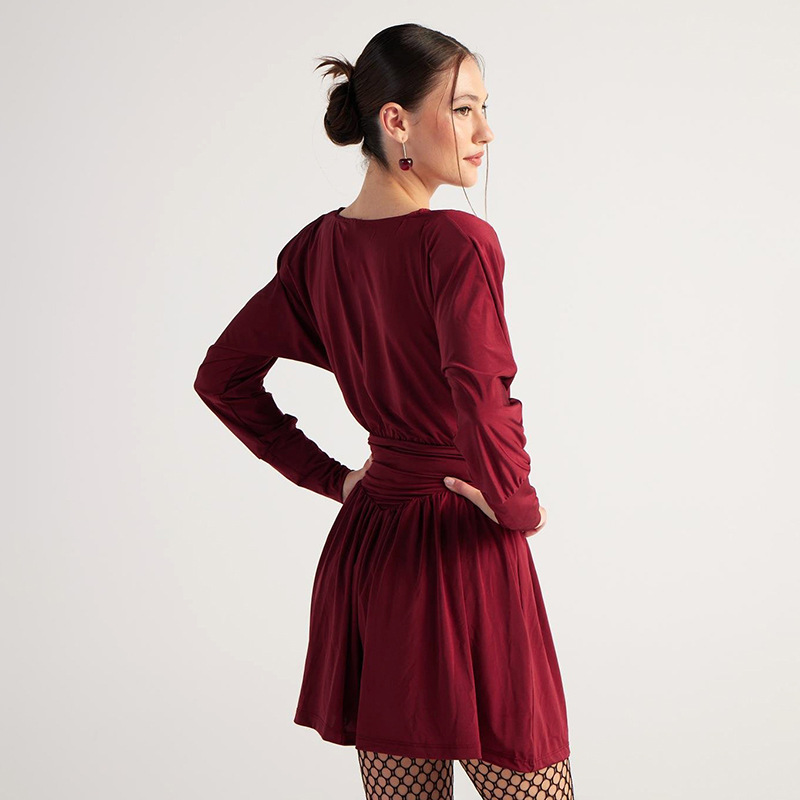 Women's Solid Color Round Neck Waist Long Sleeve Short Dress