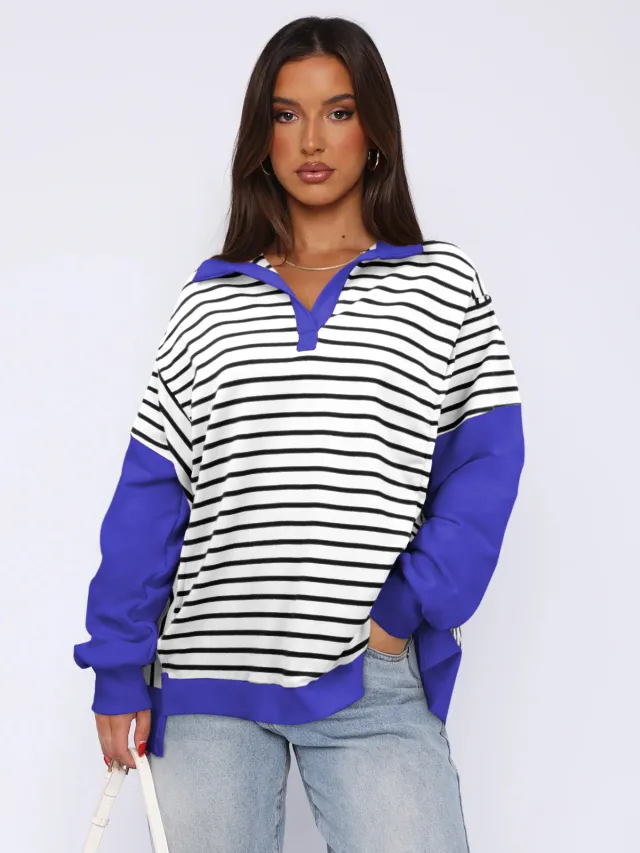 Fashion Loose Contrast Color Striped Sweater Split Women White - Shop at LoveMi