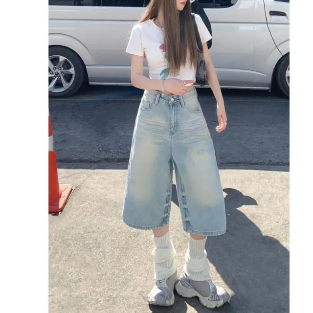 Women's Washed Light colored Loose Wide leg Cropped Denim Shorts Light Color - Shop at LoveMi
