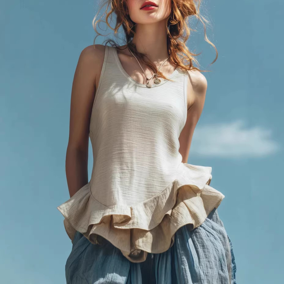 Casual Fashion Sleeveless Top With A Ruffled Hem 2