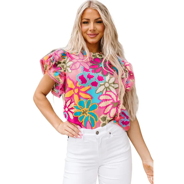 Ruffle Sleeve Pullover Leisure Style Floral Printed Short sleeved Top Lc25121673 Color - Shop at LoveMi