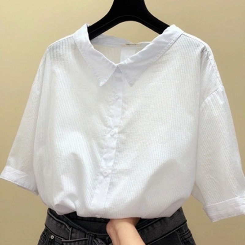 Women's Fashion Casual V-neck Half Sleeve Vertical Striped Shirt