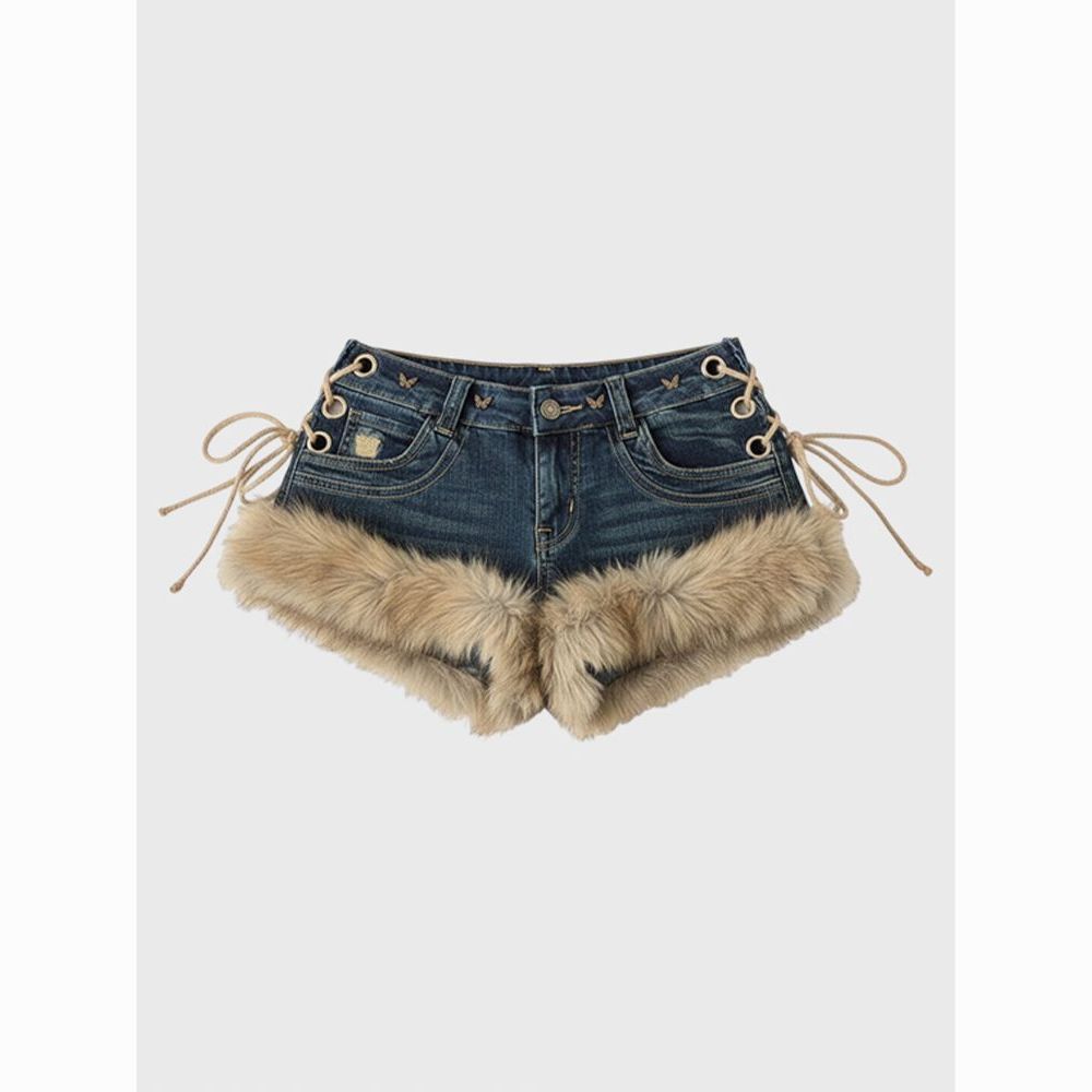 Womens Stylish Furry Patchwork Micro Shorts