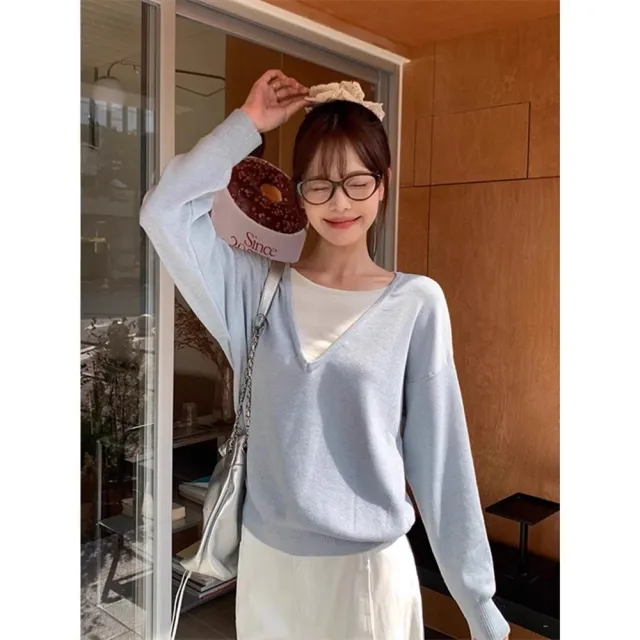 Christmas Atmosphere Contrast Colors False two piece V neck Red Knitted Loose Sweater Blue - Shop at LoveMi