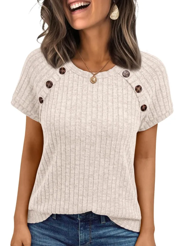 Womens Ribbed Crew neck Button panel Short sleeve Top Apricot - Shop at LoveMi