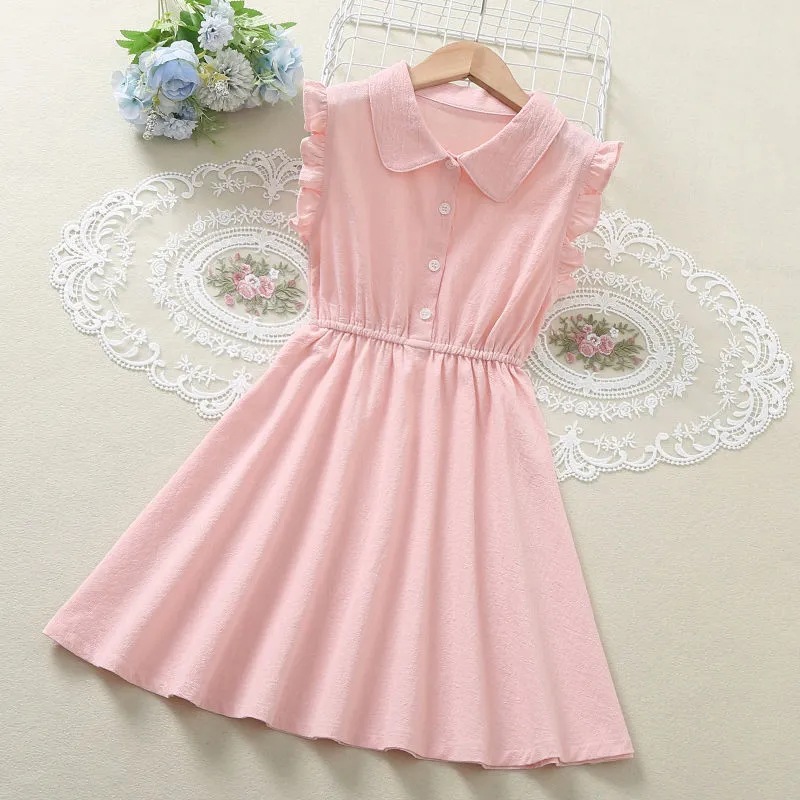 Girl Sleeveless Waistcoat Back Simple Solid Color Dress