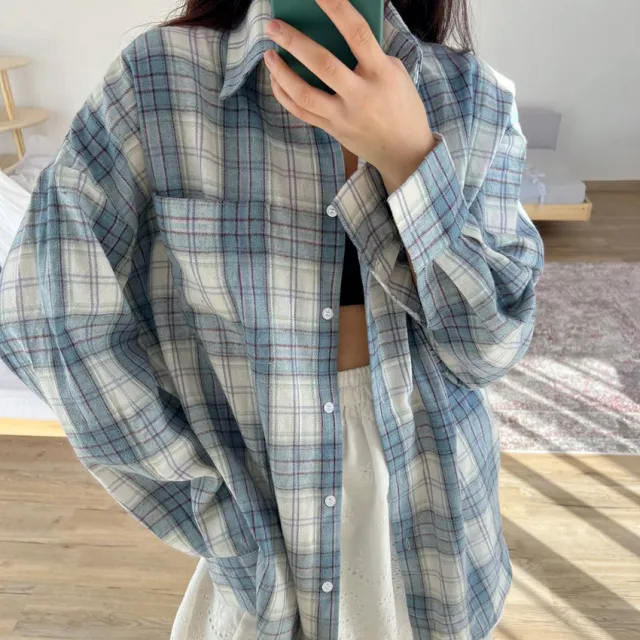 Women's Classic Lapel Long Sleeve Plaid Casual Loose Shirt Plaid - Shop at LoveMi