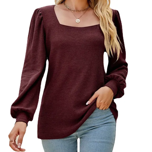 Women's U neck Pleated Puff Sleeve Top Loose Casual Solid Color T shirt Red - Shop at LoveMi
