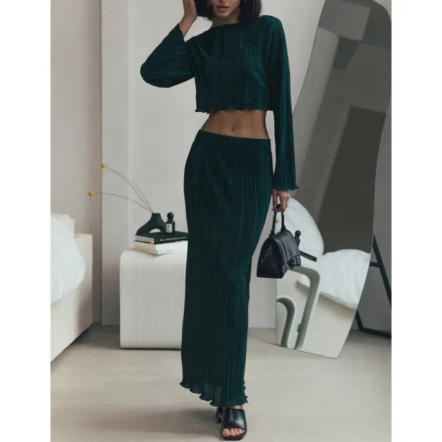 Bell Sleeve Short Top Mid length Skirt Suit Green - Shop at LoveMi