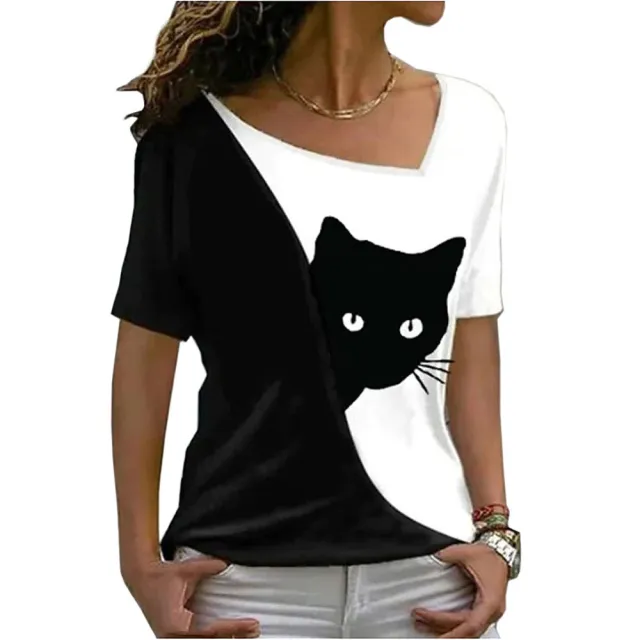 Women's Cat Printing Top Short Sleeve White - Shop at LoveMi