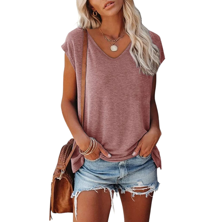Women's Summer V-Neck Solid Color Casual Loose Short-Sleeve