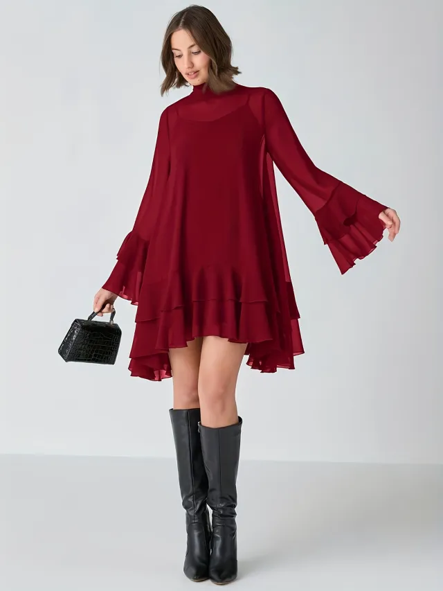 Chiffon Half high Neck Dress With Flared Sleeves Wine - Shop at LoveMi