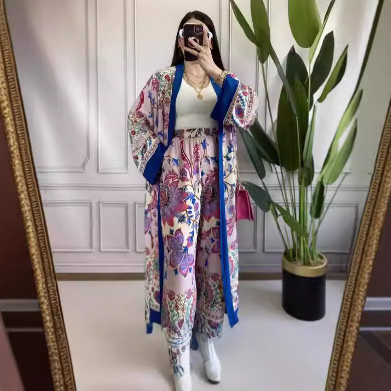 Casual Printed Design Long Shirt Wide Leg Pants Suit