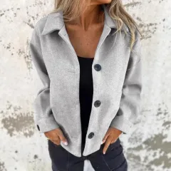 Autumn And Winter Female Temperament High Sense Retro Solid Colour Woolen Coat - Light Grey - View 1