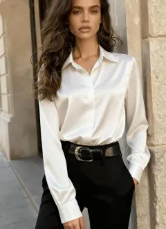 Autumn Commuting Versatile Long Sleeve Turn-down Collar Satin Women's Shirt - White - View 1