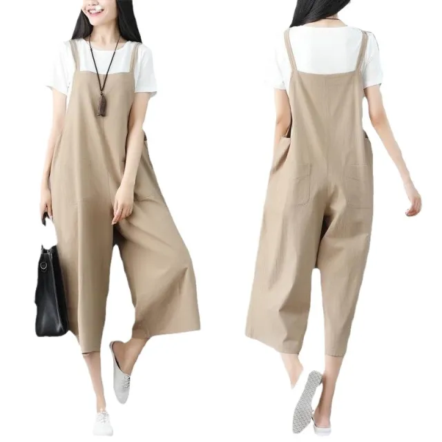 Plus Size Loose Linen Jumpsuit Suspender Pants Khaki - Shop at LoveMi