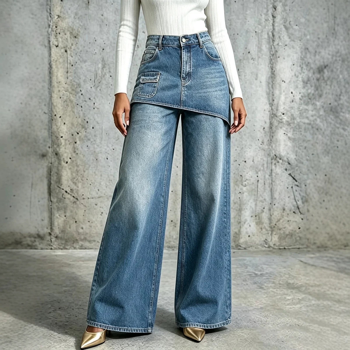 Printed Faux Denim Pocket Design Casual Pants Straight-leg Pants