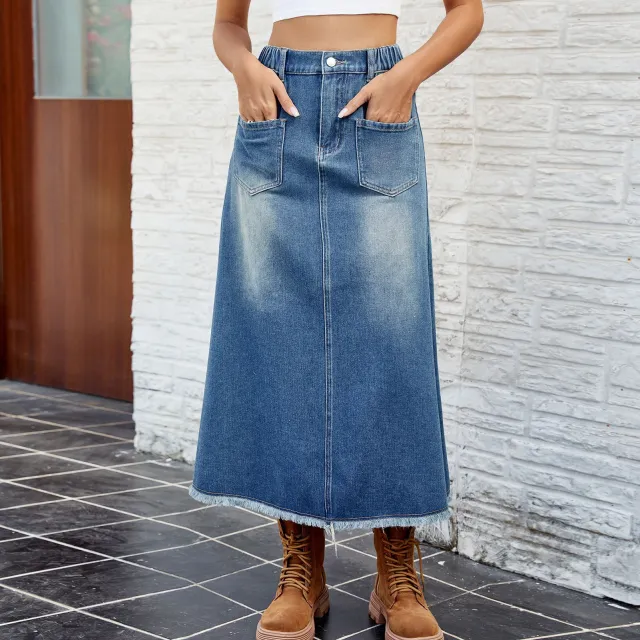 European And American Washed Frayed Hem Denim Skirt Midi Skirt Blue - Shop at LoveMi