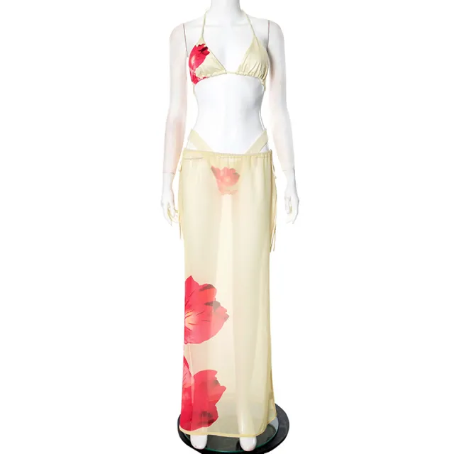 Summer Printed Sexy Lace up Skirt Three piece Set Yellow - Shop at LoveMi