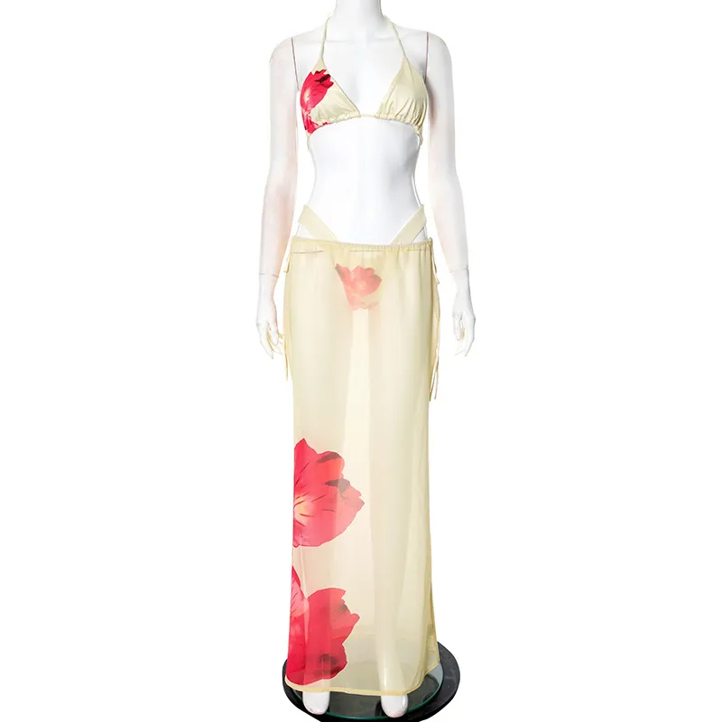 Summer Printed Sexy Lace-up Skirt Three-piece Set - Yellow