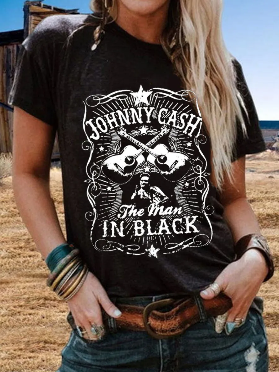 Printed Pattern Short Sleeve Loose T-shirt - Black