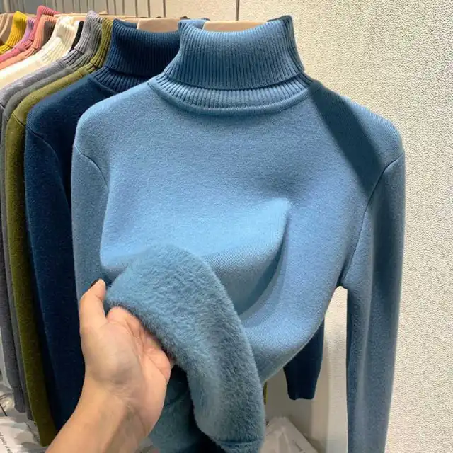 Women's Turtleneck Sweater Top With Velvet Thickened Inner Wear Blue - Shop at LoveMi