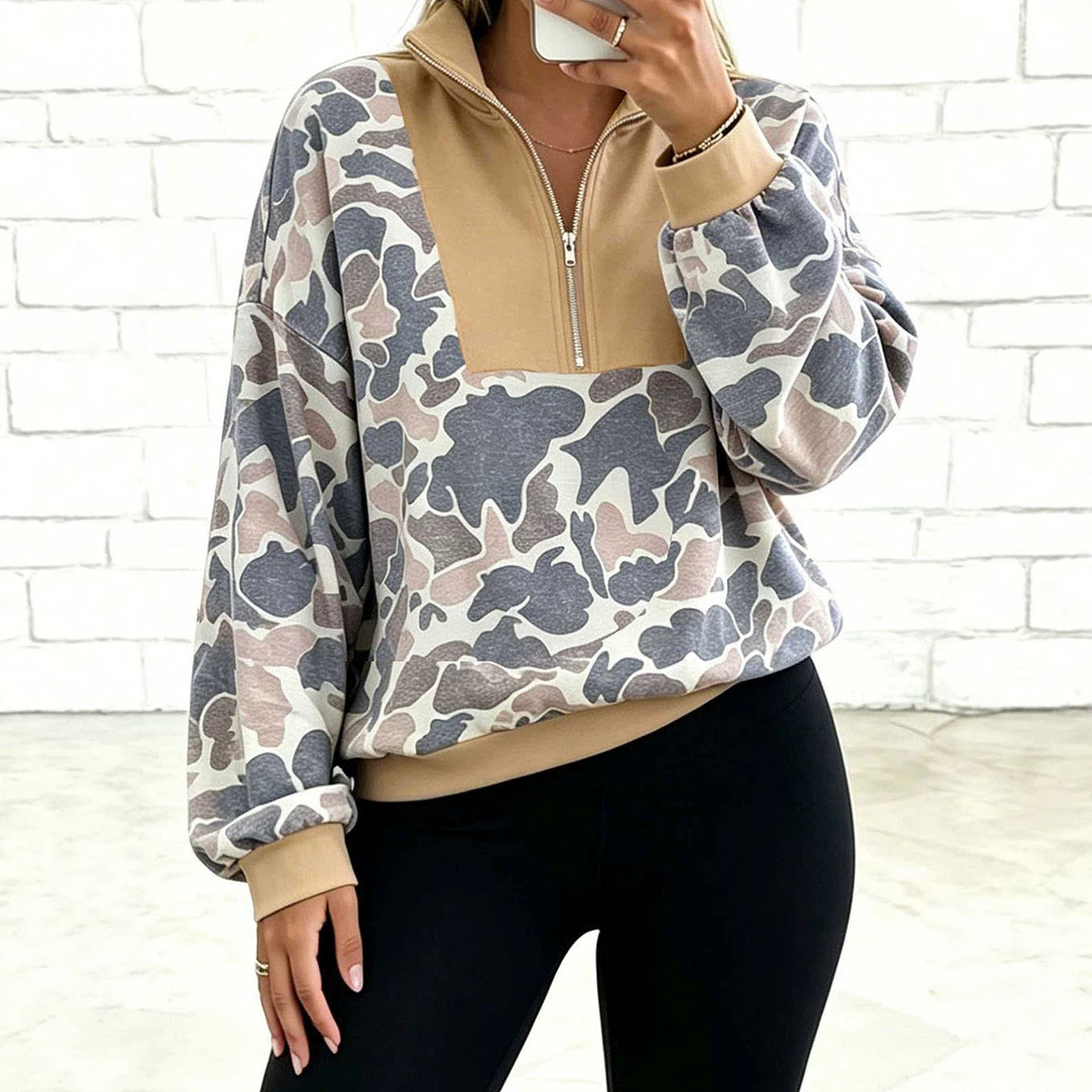 Women's Loose-fit Camouflage Long-sleeve Top With Zipper