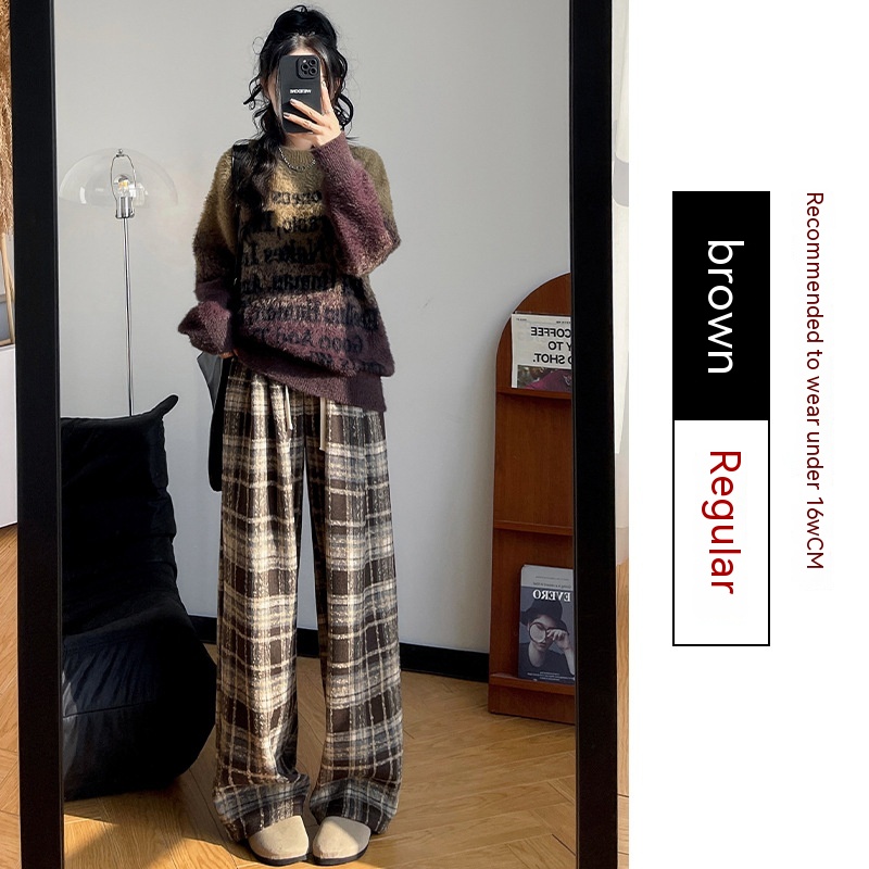 Retro Christmas Plaid Pants Women's High Waist Drooping Coffee - Shop at LoveMi
