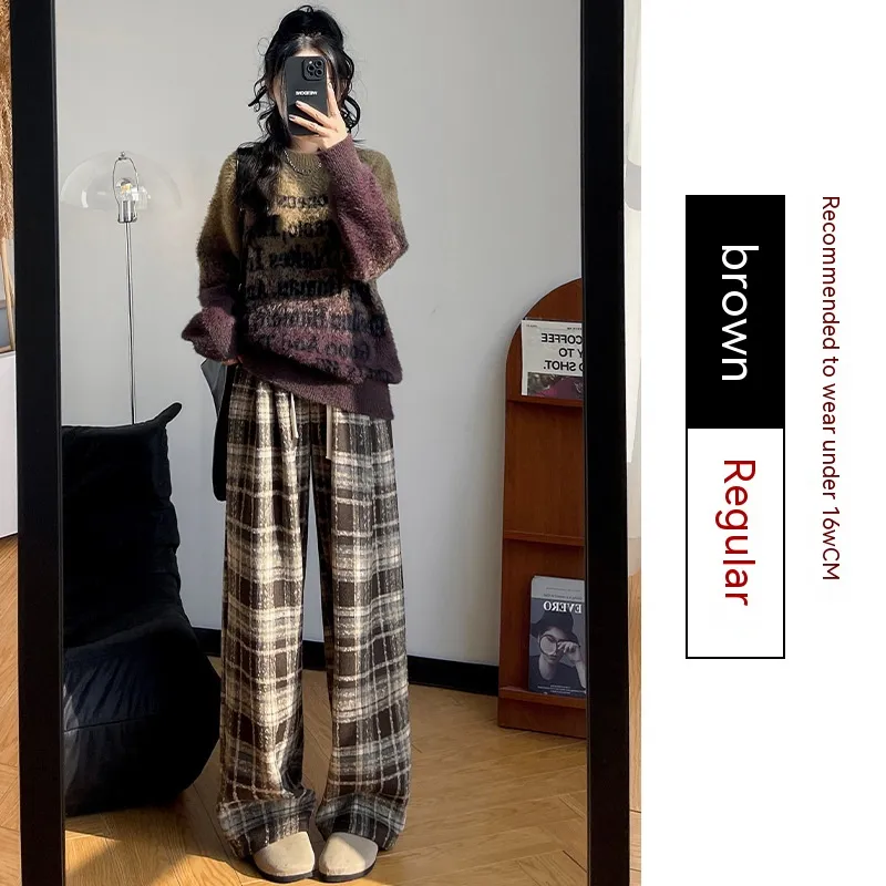 Retro Christmas Plaid Pants Women's High Waist Drooping - Coffee