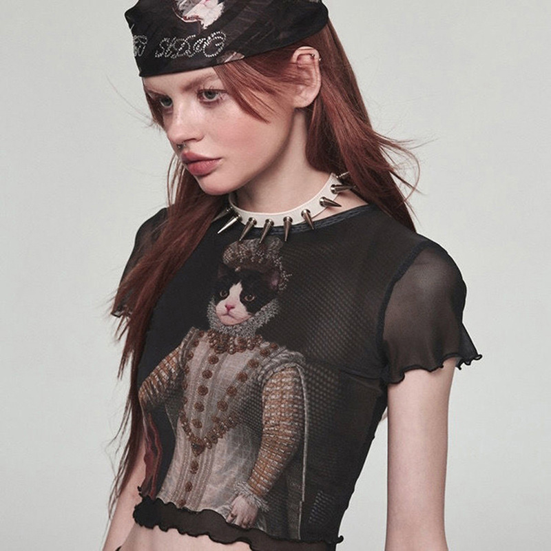 Hot Girl Style Cat Printing Mesh Polyester Top Women's Clothing