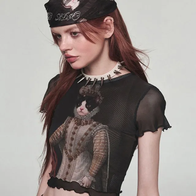 Style Cat Printing Mesh Polyester Top Women's Clothing Black Q23Tp318 - Shop at LoveMi