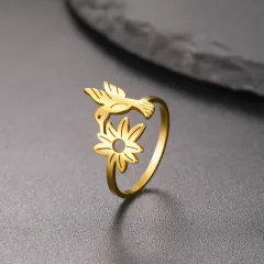 Japanese Sweet Stainless Steel Flower Bird Ring - Gold - View 1