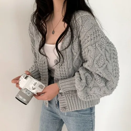 Women's Loose All match V neck Lantern Sleeve Short Sweater Gray - Shop at LoveMi