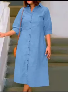 Plus Size Women's Clothes Short Sleeve Shirt Loose Dress - Sky Blue - View 1