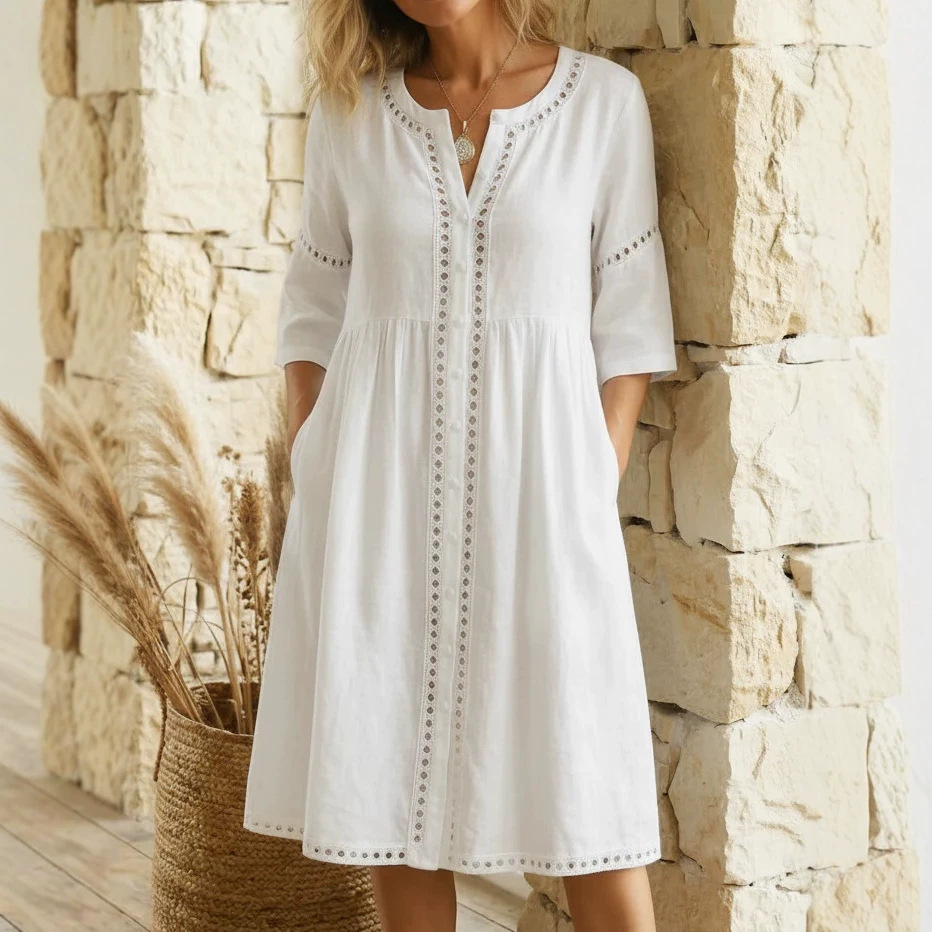 Loose-fitting Linen-cotton Dress With A Buttoned Collar And Lace-trimmed Seams