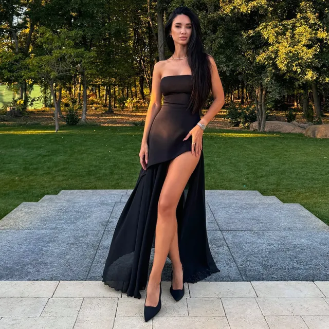Split Socialite Style Elegant Slim Tube Top Mesh Stitching Hem Dress Black - Shop at LoveMi