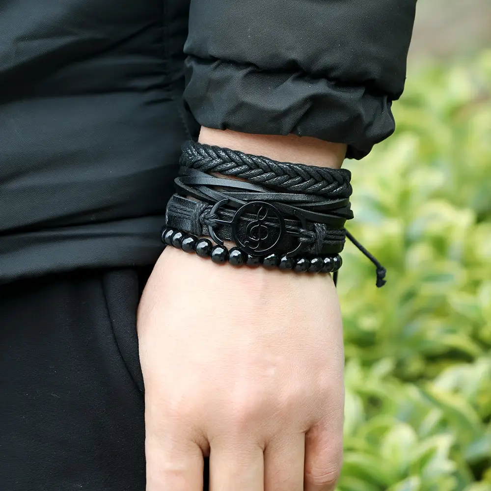 Men's Vintage Leather Note Shaped Braided Bracelet Set