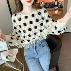 Fashion Korean Style Sweet Geometric Pattern Long Sleeve Round Neck Pullover Slimming Youthful-looking Lace Shirt - Black - View 1