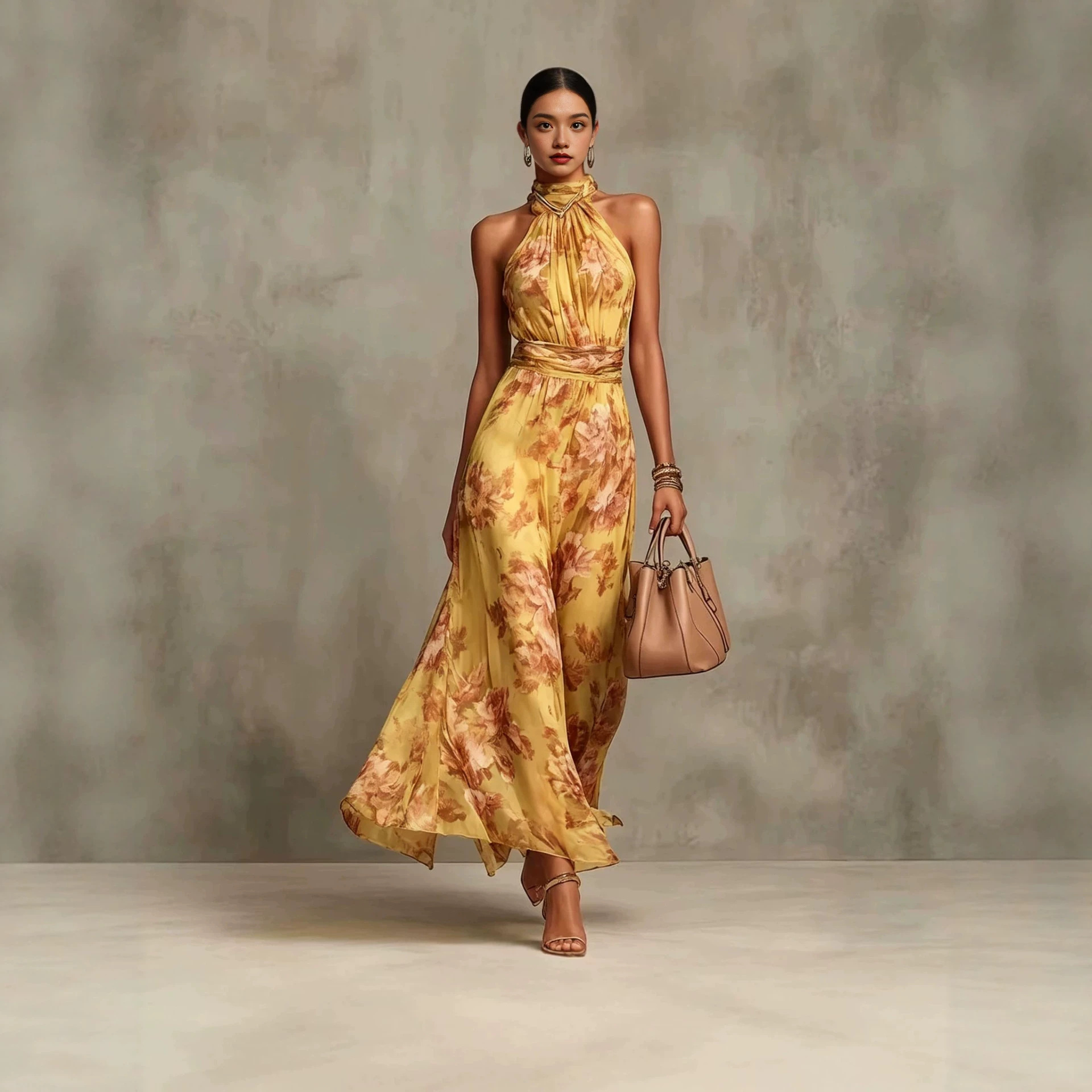 Women's Halter-Neck Chiffon Maxi Dress – Gold colorway lifestyle shot