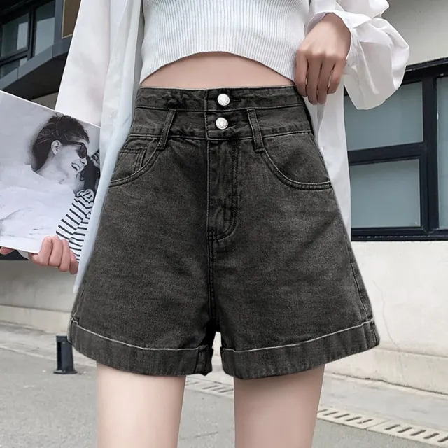 Two button High Waist Denim Shorts Women's Wide Leg Curling A Line Hot Pants Tide Black Gray - Shop at LoveMi